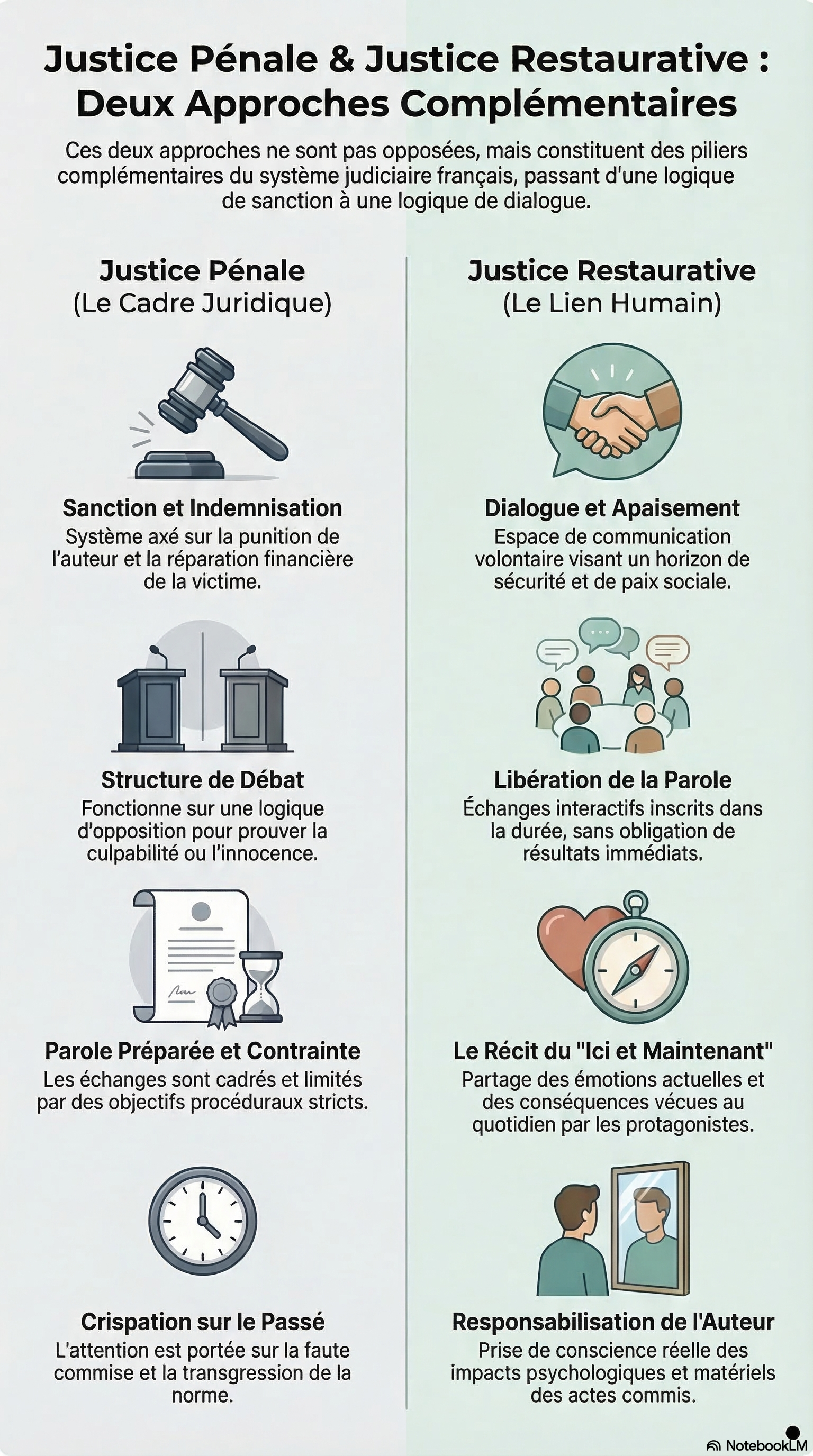 Cette infographie met en évidence les principes de la justice restaurative et ceux de la justice pénale.